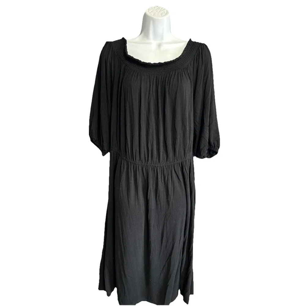 Old Navy Women's XL Midi Dress Black Smocked Off The Shoulder Knit Stretch Comfy - Picture 2 of 12
